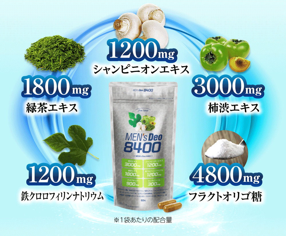 緑茶エキス1800mg,シャンピニオンエキス1200mg,渋柿エキス3000mg,鉄クロロフィリンナトリウム1200mg,フラクトオリゴ糖4800mg 